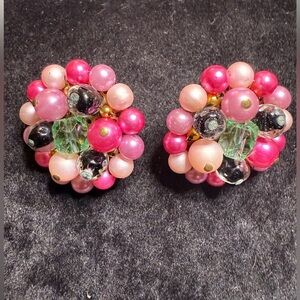 Vintage Japan Bead Cluster Clip-On Earrings Pink Green Black 1.25”